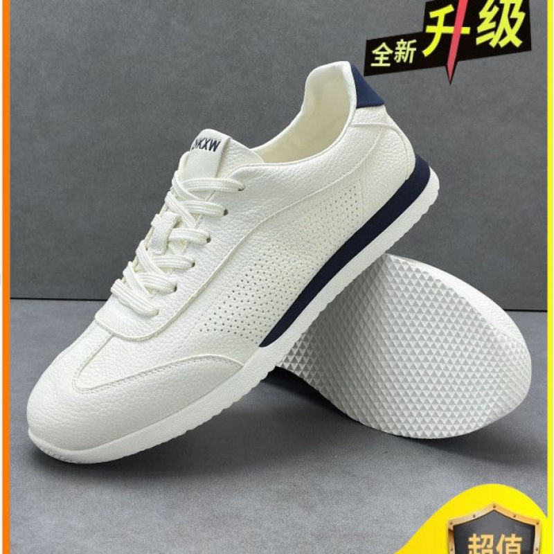 Autumn perforated breathable white German training shoes for men, white and blue color block, soft sole, low-top casual men's shoes