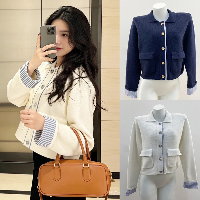 Sd Brand 26 Spring New Model Polp Lapel Patchwork Striped Shirt Fake Two-Piece Versatile Commuter Short Knit Cardigan for Women Sd Brand 26 Spring New Model Polp Lapel Patchwork Striped Shirt Fake Two-Piece Versatile Commuter Short Knit Cardigan for Women