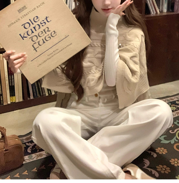 焦糖利口酒 高领麻花针织不规则斗篷秋季女装慵懒风毛衣裤子套装|undefined
