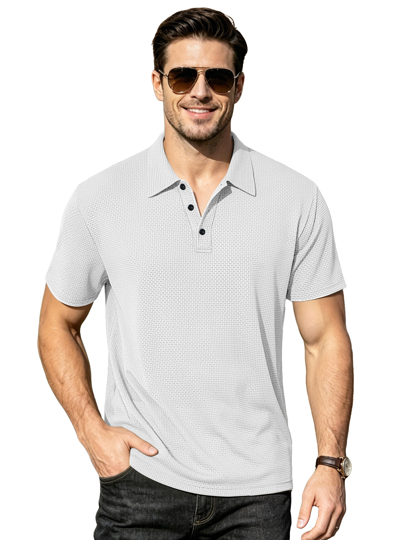 Transfronterizos europeos y americanos ebay verano hombre camiseta de seda de hielo transpirable delgada solapa de color sólido casual americano de manga corta grande