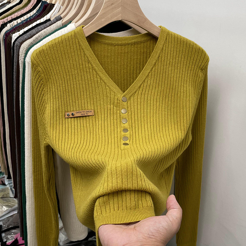 Women's Clothing base knitted sweater women autumn new style v neck long sleeved top pullover fashionable temperament inner sweater_voghion.com
