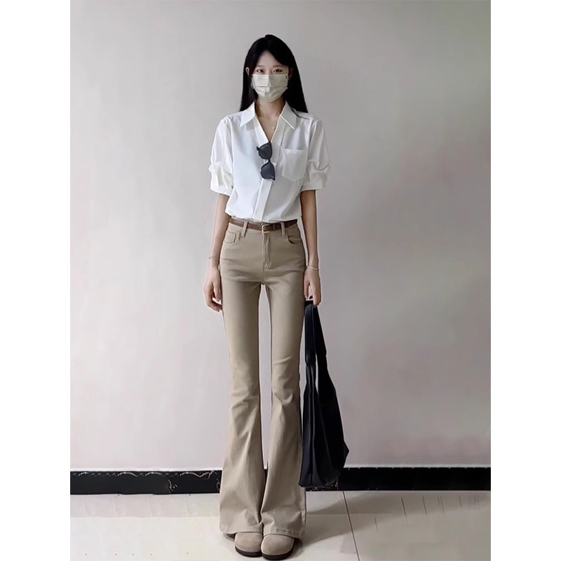 Vintage khaki Micro-high Waist Slim-fit Jeans Women's Autumn New Niche Design All-match Horseshoe Pants Vintage khaki Micro-high Waist Slim-fit Jeans Women's Autumn New Niche Design All-match Horseshoe Pants