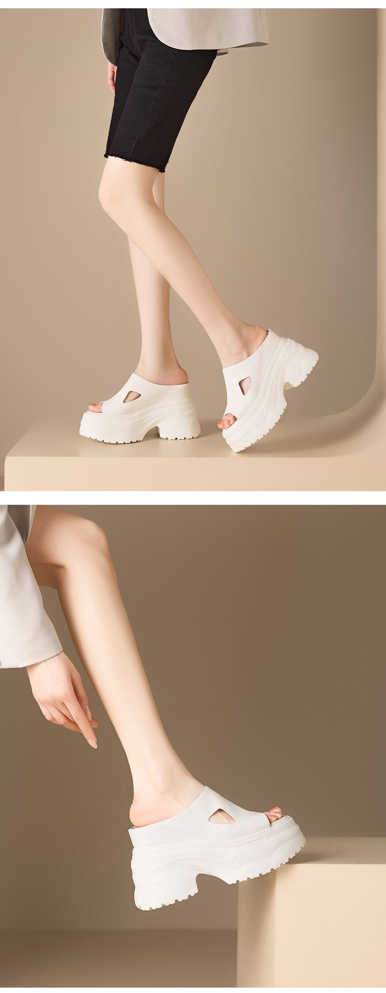Sandal cao gót nữ hở mũi đế dày 12 cm, phong cách đường phố — màu đen, Trắng kem- chi tiết 7
