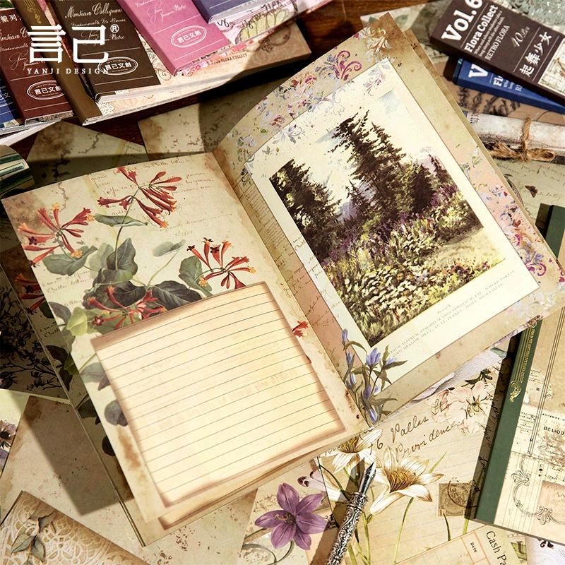 言己繁花系列双面素材期刊本复古拼贴背景便签纸ins风手帐素材纸