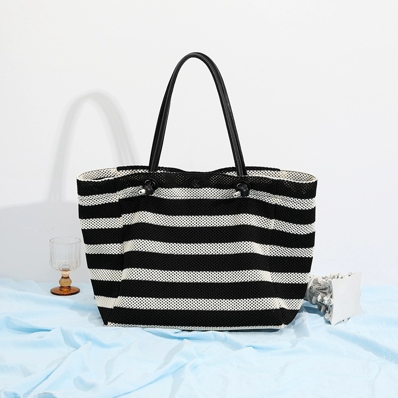 New Lazy Style Vacation Tote Bag Large Capacity Canvas Handbag For Women Black And White Striped Contrast Underarm Shoulder Bag - Thumbnail 2