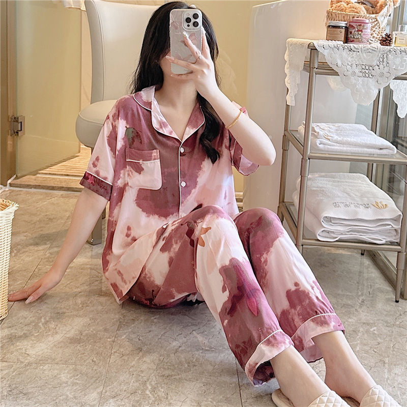 新款薄款睡衣女夏季新款短袖套装女士开衫宽松夏天家居服春秋大码