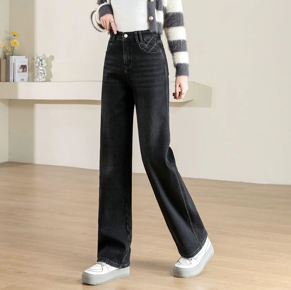 Теплые jeans, модные джинсы, высокая талия, свободный крой