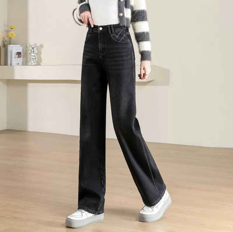 Теплые jeans, модные джинсы, высокая талия, свободный крой