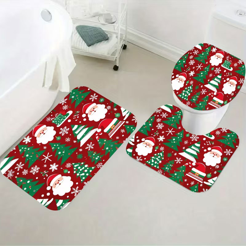 Cross-border diatomite toilet seat cover and floor mat 3-piece set, water-absorbent, dirt-resistant, non-slip floor mat, Christmas holiday floor mat