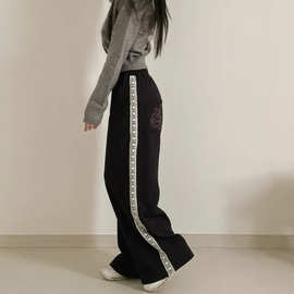 厂家韩版国人气侧蕾丝边松紧腰休闲长裤运动裤女2025新款宽松休闲