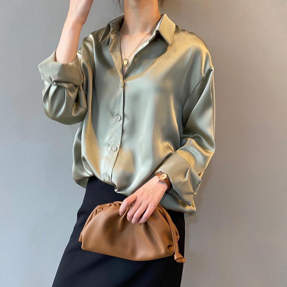 Women's Clothing acetate satin shirt women's glossy outer wear drape long sleeved shirt design niche light mature top spring_voghion.com