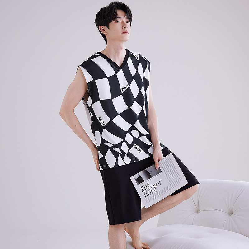 新款由果夏季新款纯棉休闲韩式背心短裤男士套装全棉睡衣家居服男