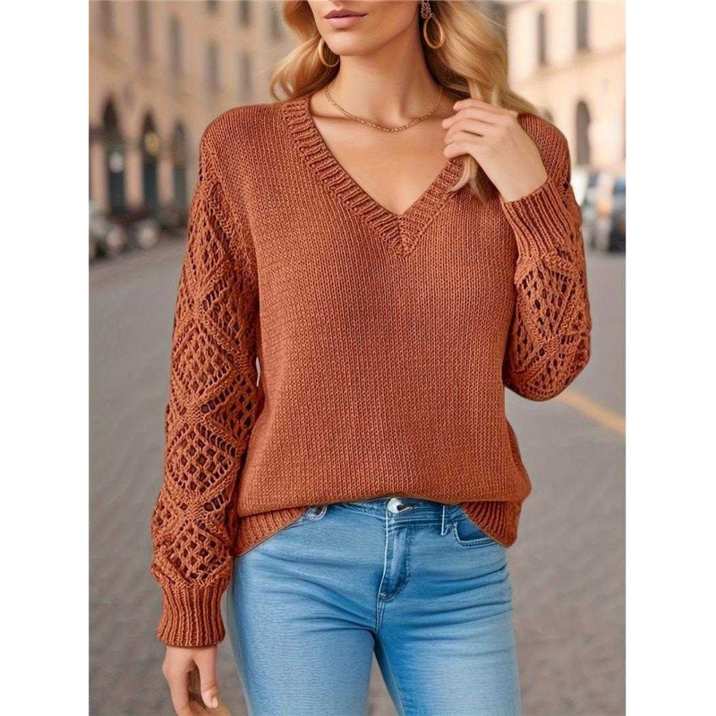 Primavera y otoño abrigo agujero jersey de punto suéter de mujer hookah de manga larga gancho flor Jacquard suelto V-collar bottom top transfronterizo
