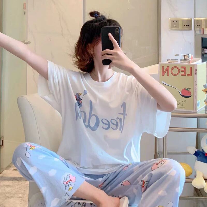 Pajamas for Women Summer Short-Sleeved Korean Style Spring and Autum Cute Pants Thin 2022 Loose Home Clothes Suit Large Size Cartoon