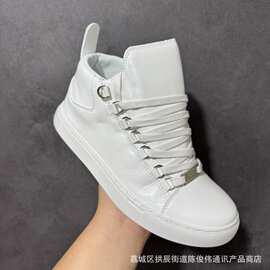跨境巴家新款高帮板鞋复古做旧牛皮休闲鞋男女同款百搭厚底运动鞋