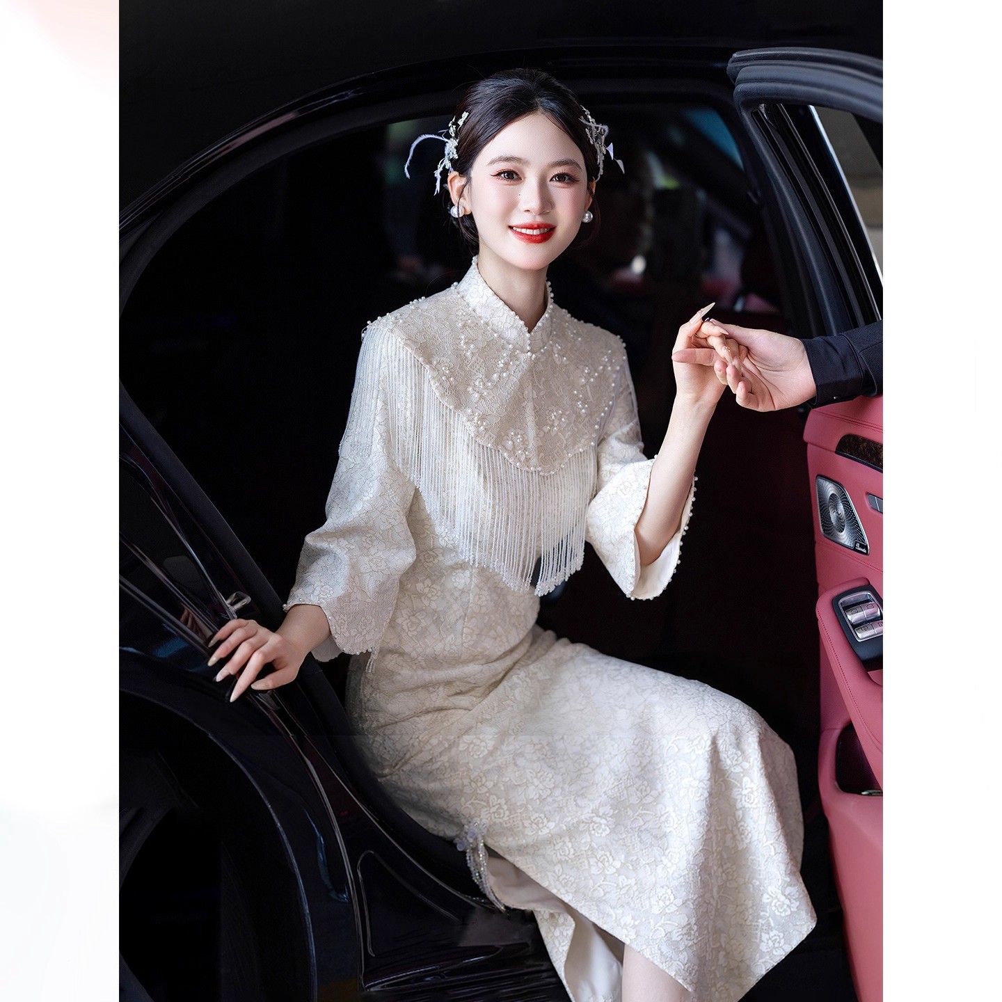 New Chinese Style Cheongsam Toast Dress, High-End Champagne Color Bridal Engagement Dress, Autum Long-Sleeved Wedding Home Casual Dress