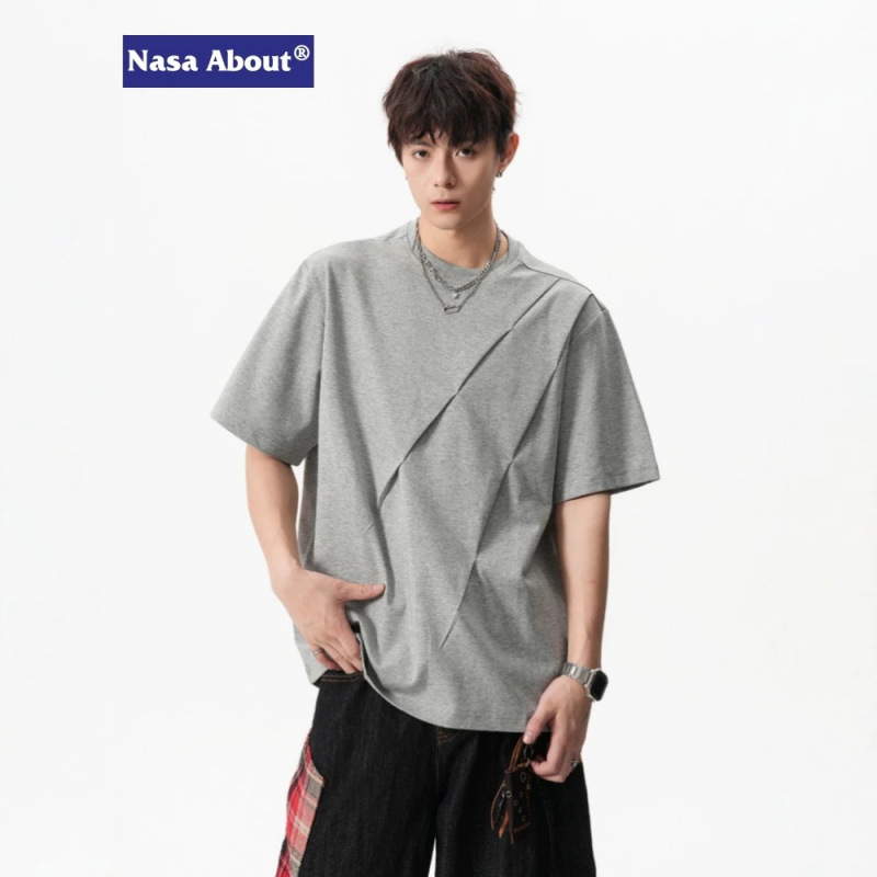 Nasa about Three-Dimensional Diagonal Pleated Cut Short-Sleeve Men's Summer Loose Boxy Fit Versatile Couple Half-Sleeve T-Shirt