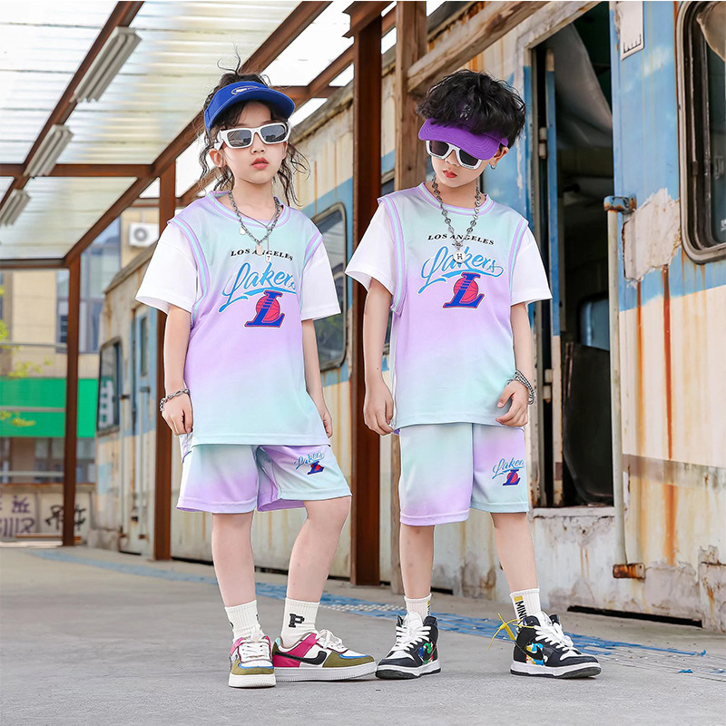 Children's fake two-piece suit basketball uniform training competition short-sleeved June 1 performance team uniform breathable spot summer jersey