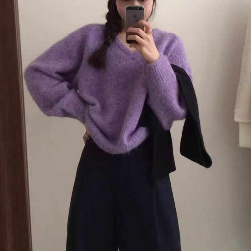 韩系秋冬新款套头毛衣女V领宽松休闲高级感软糯慵懒针织女装上衣|undefined