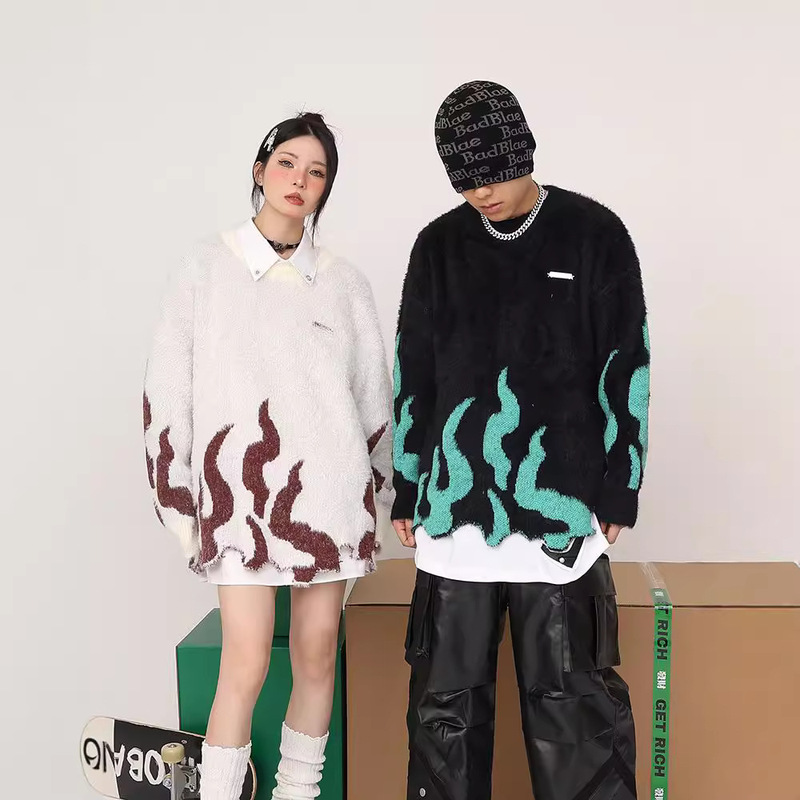 Autumn and Winter New Irregular Hem Design Pullover Sweater Men's and Women's American Retro Flame Embroidered Knitwear Fashion Brand