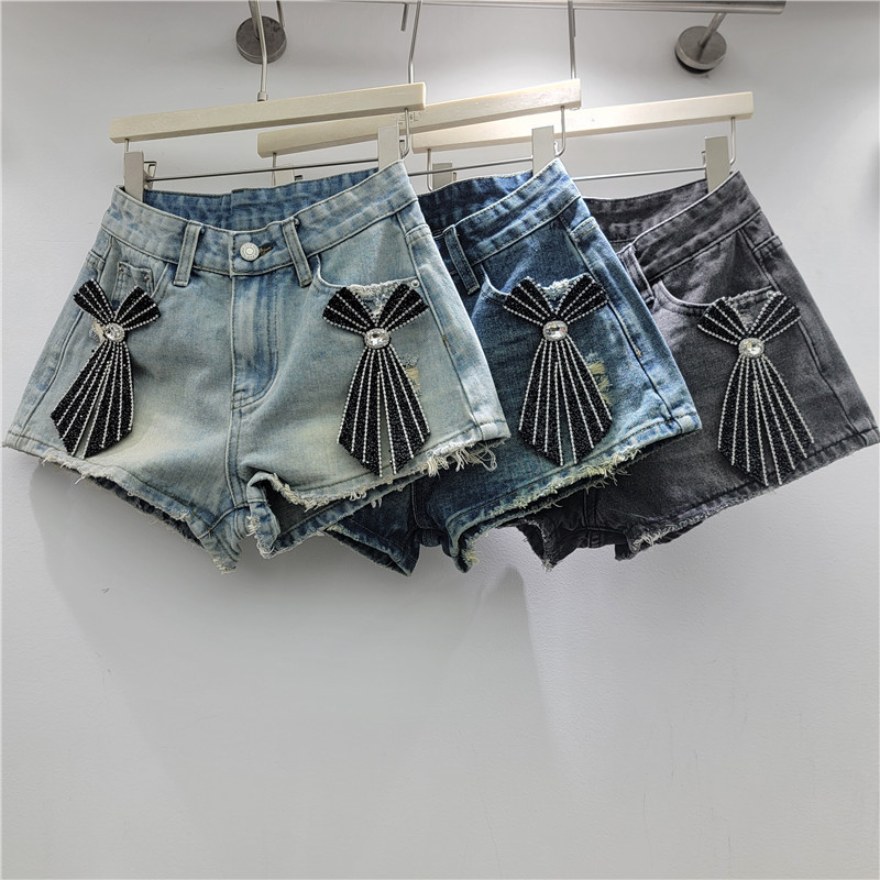 Pantalones Cortos Jeans con Pedrería para Mujer de Mezclilla de Poliéster de Cintura Baja