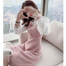 蕾丝连衣裙女秋冬季2025年新款女装半高领拼接毛衣裙小个子打底裙