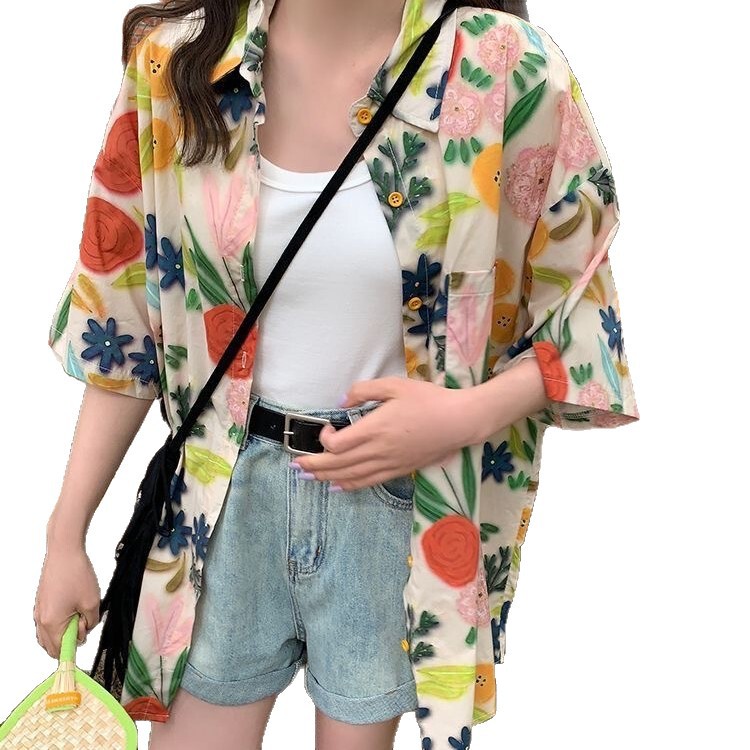 港风短袖花衬衫泰式夏威夷海边宽松衬衣随性慵懒垂感清凉夏上衣女|undefined