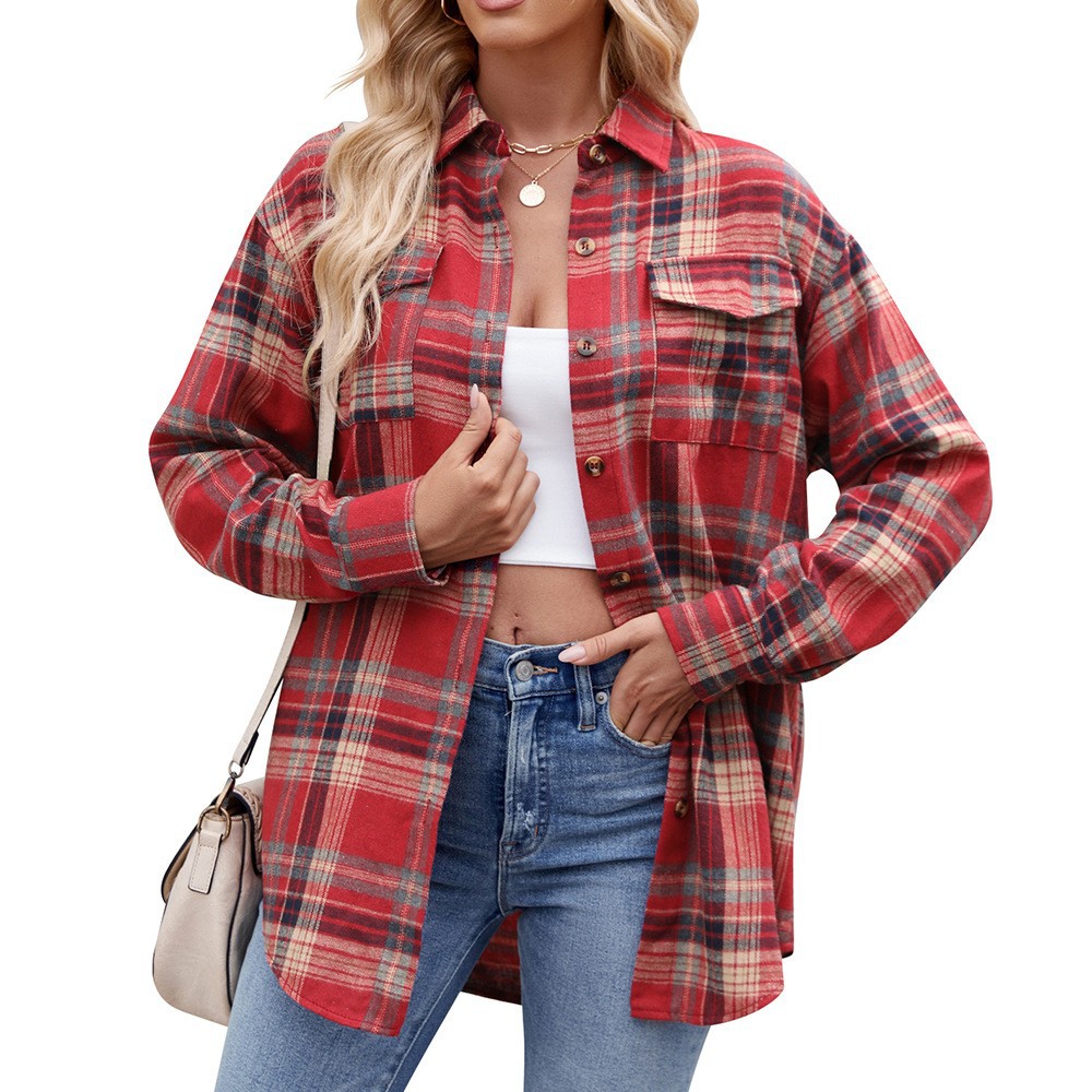 Autumn Winter Cross-Border European And American Wom's 2026 New Casual Fashion Loose Plaid Pocket Shirt For_voghion.com