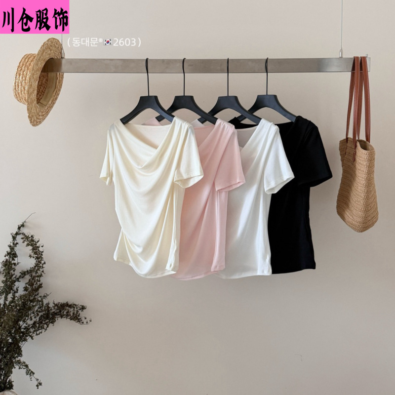 Dongdaemun 2603 Lyocell Irregular Short Sleeve Solid Color Top for Women, Slimming and Draping, Elegant Korean Style Lazy T-Shirt