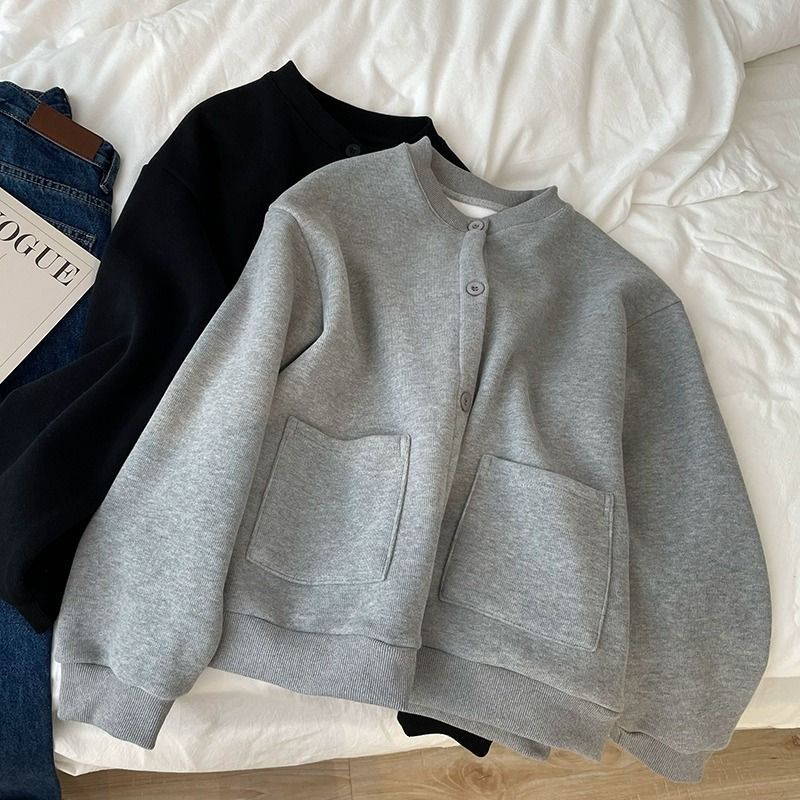 显瘦灰色加绒棒球服外套女秋季加厚黑色纽扣休闲开衫卫衣浅灰色
