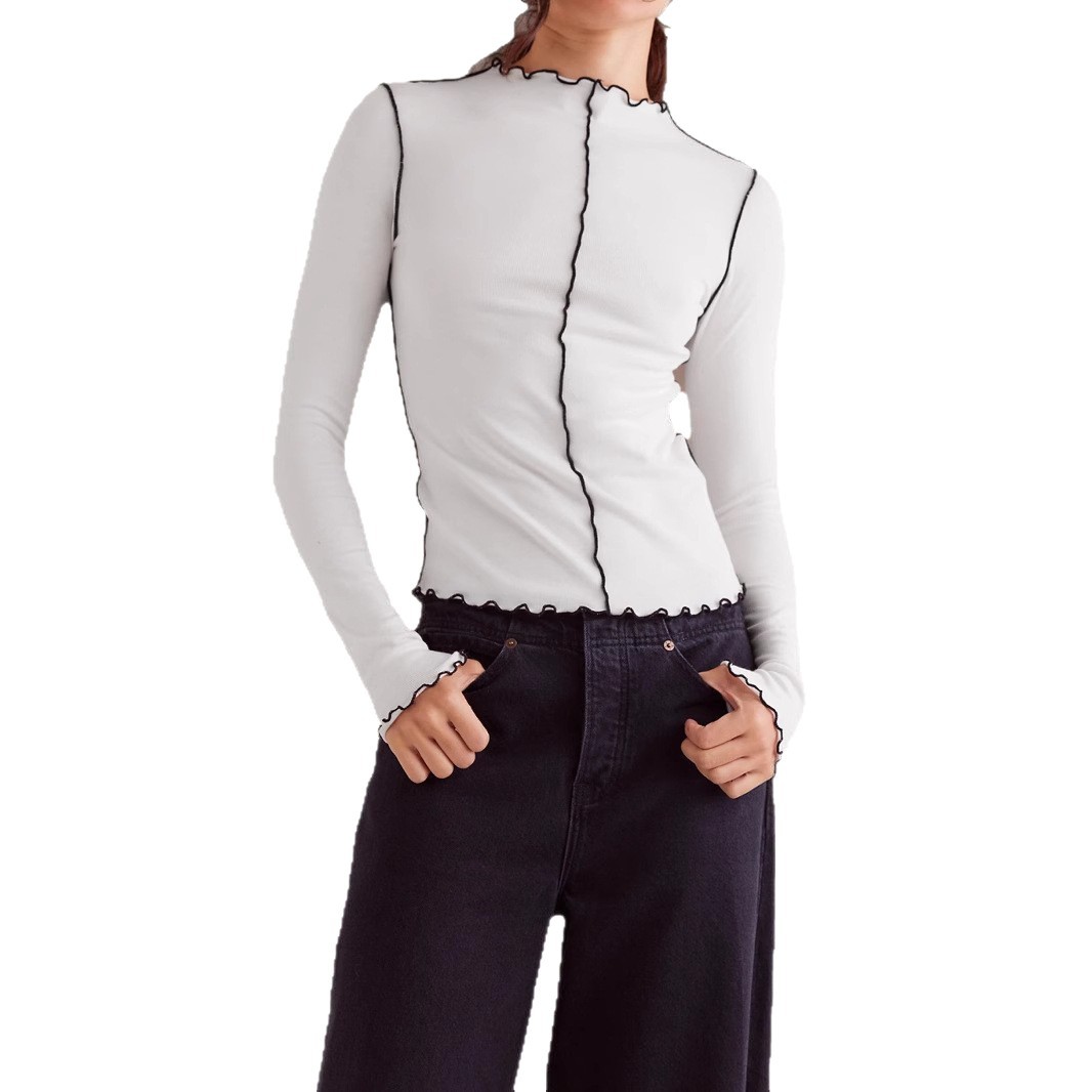 Women's Color Block High Neck Long Sleeve T-Shirt Slim Fit Versatile Base Layer Early Autumn Trendy Top_ecoleips.com