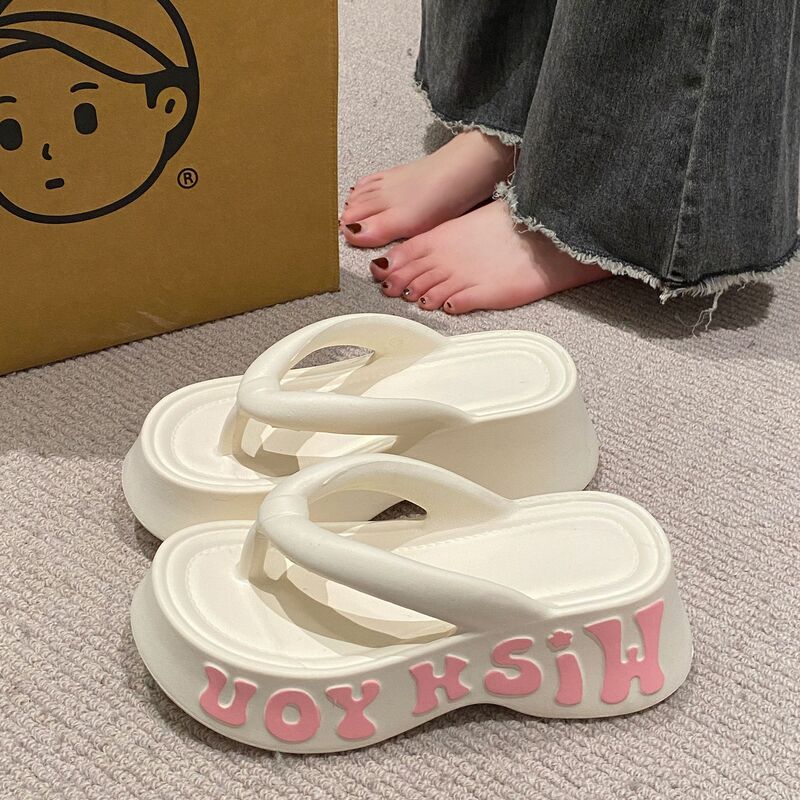 New Thick-Soled Flip-Flops for Women's Summer Outer Wear Ins Korean Style Fashionable Home Soft-Soled Letter Eva Sandals for Women