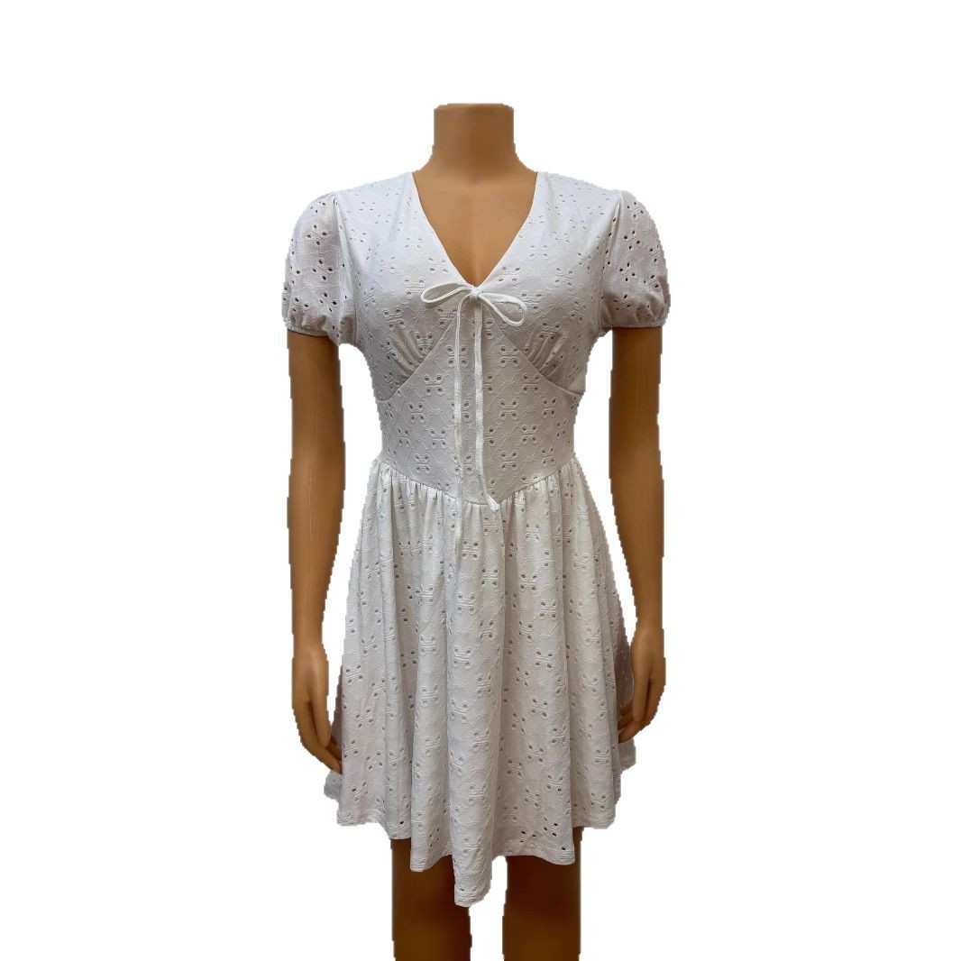Women's Sexy Hollow Out Strappy V Neck Short Sleeve Solid Color Dress Style_ecoleips.com
