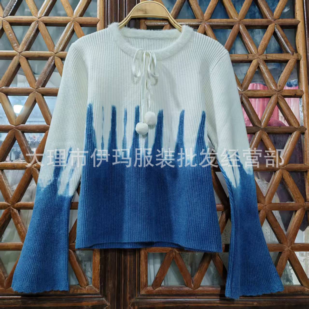 云南大理手工扎染微喇袖针织毛衣女早春文艺甜美复古显瘦百搭上衣