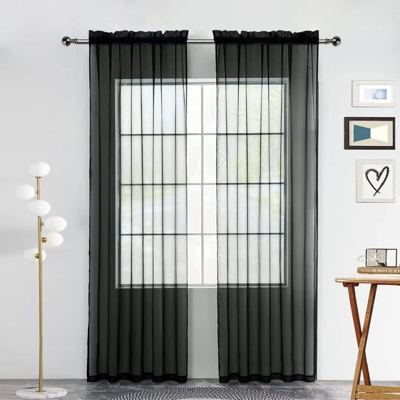 Black sheer curtains, modern and minimalist design, suitable for living rooms and bedrooms, used as decorative window coverings and soft room dividers
