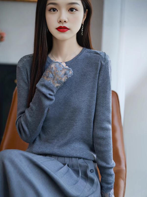 法式蕾丝钩花miu系针织衫女圆领修身毛衣25新款内搭女装打底上衣|undefined