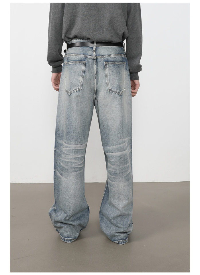 Quần jeans nam ống rộng lưng giữa, dáng suông thoải mái, chất denim washed — màu xanh, màu xanh nhạt, màu xám đen chi tiết 19