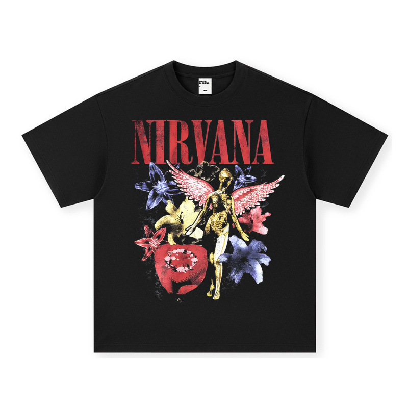 NIRVANA ロックアメリカン 3D デジタルプリントレトロ半袖 T シャツクロスボーダープリントアメリカンファッションヴィンテージ模造綿|undefined
