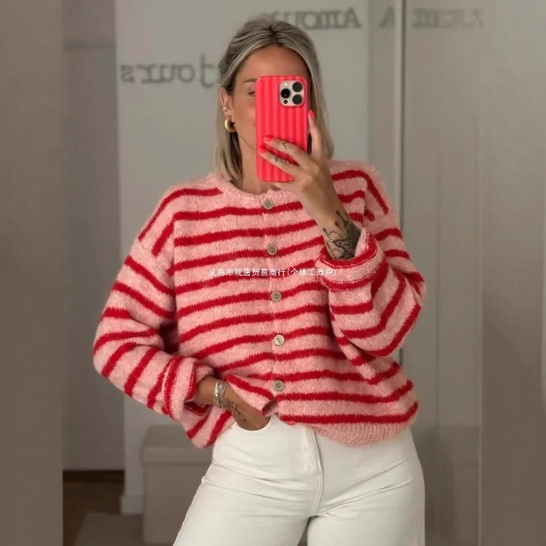 Foreign Trade Women's Autumn and Winter Y2K Long-Sleeved Stripesd Contrasting Knitwear Women's Fashion Round Neck Casual Knitwear Cardigan Ins