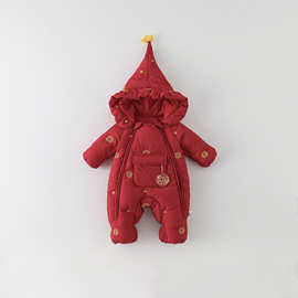 冬季婴儿福气满满羽绒服连身衣新生儿连帽羽绒外出服宝宝冬款衣服