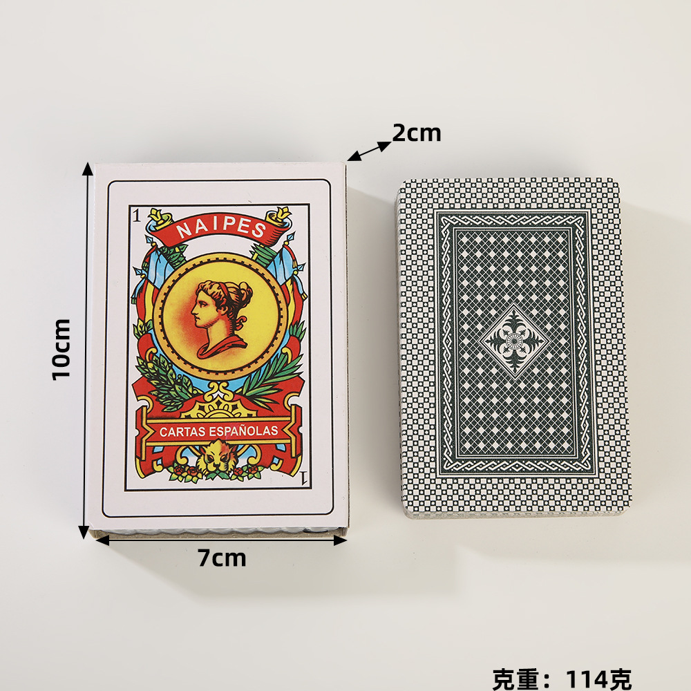 El comercio exterior suministra directamente 290 gramos de cartas españolas, cartas de póquer de papel desanimado, cajas de plástico, camping Entertainment Games poker