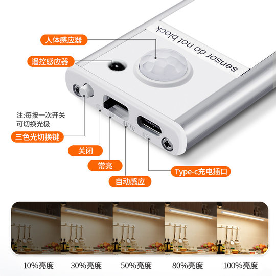 Remote control led human body induction light with rechargeable self-adhesive cabinet wardrobe wine cabinet magnetic intelligent induction light bar