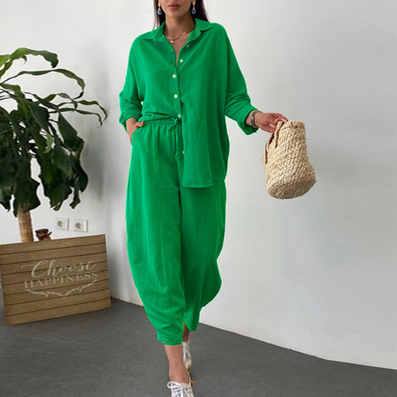 Fashion Green Tracksuit Women Autumn Long Sleeve Shirt High Waist Cargo Pants Set Casual Loose Two Piece Set