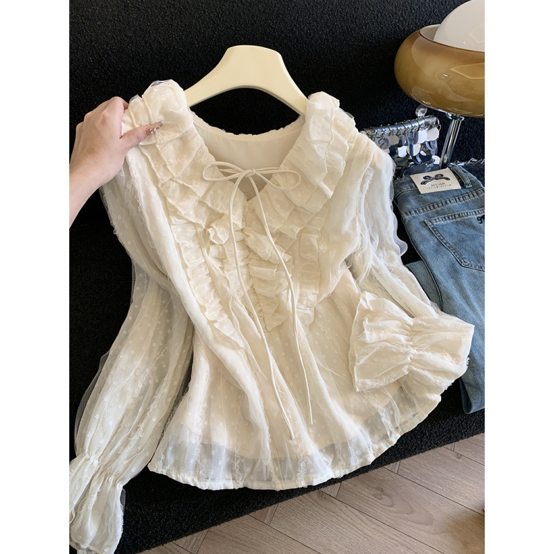 Tangtang~ Ruffled Edge Hollow-Out Lace-Up V-Neck Long-Sleeve Lace Blouse for Women, Spring 2026 Design, Loose and Youthful Top