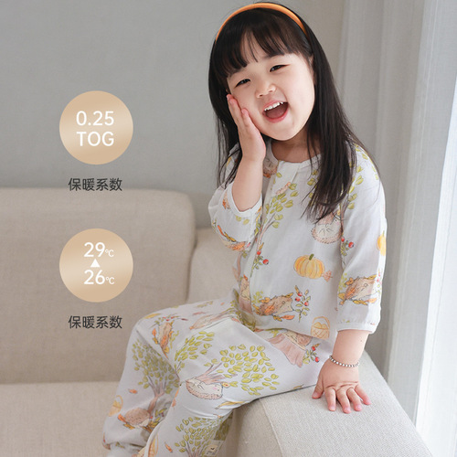 Summer digital printed double-layer three-quarter sleeve bamboo cotton split-leg sleeping bag children's jumpsuit seamless splicing children's sleeping bag