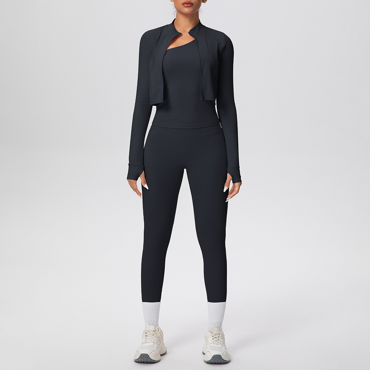 Cross-border color sólido abrasivo ajustado chaleco de hombro nueve puntos de largo conjunto de tres piezas de deporte, carrera y fitness yoga set