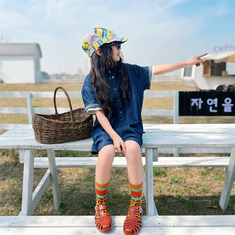 2025 Spring and Summer Girls' Japanese Parent-Child Embroidery Badge Label Denim dress Short-Sleeved Shirt Long Dress A- Line Skirt