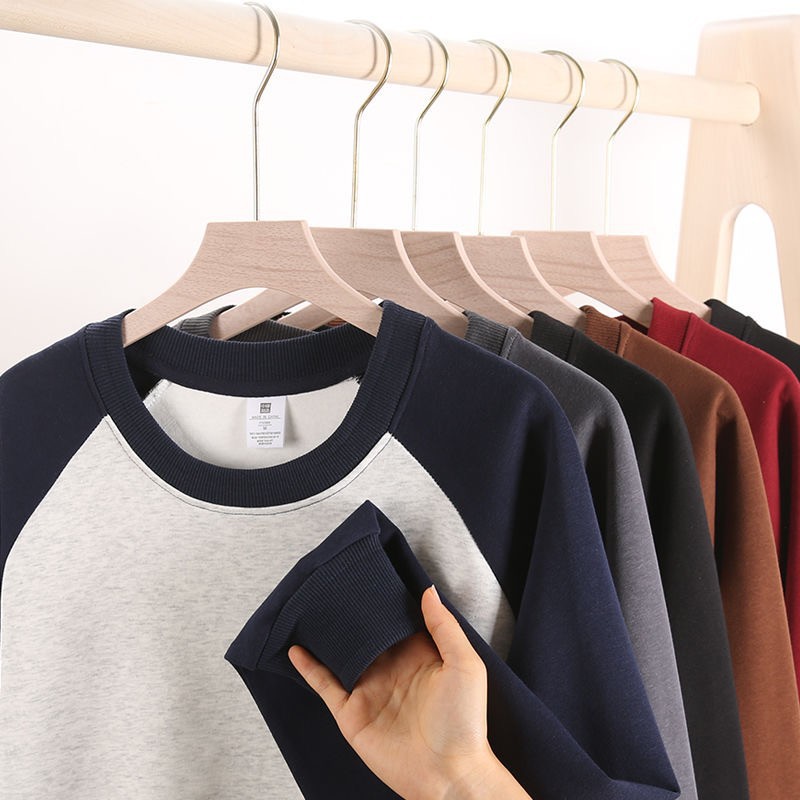 400G 헤비 아이언 그레이 라글런 슬리브 라운드넥 스웨터 남성용 가을 미국 두꺼운 레트로 스티칭 콘트라스트 컬러 바텀 셔츠