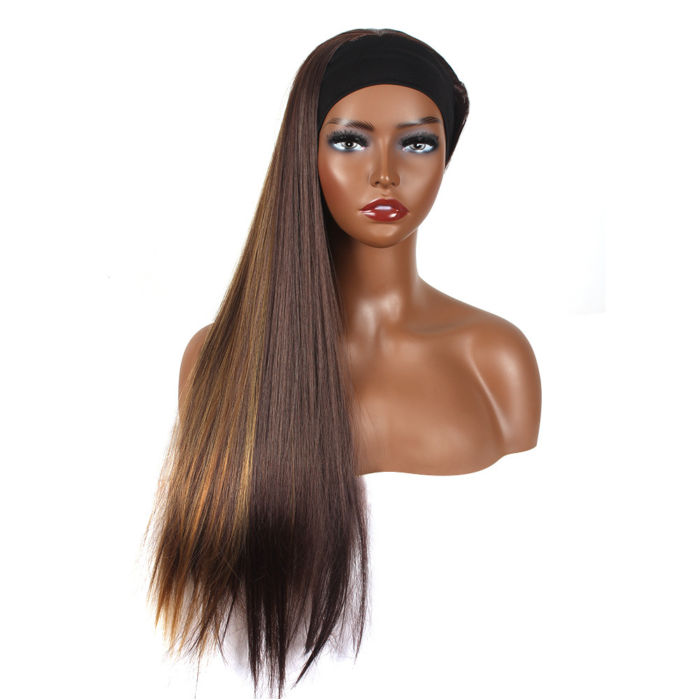 Black Long Straight Hair Wig Fully Machine Made European American Style Ice Silk Headband Synthetic Fiber_voghion.com
