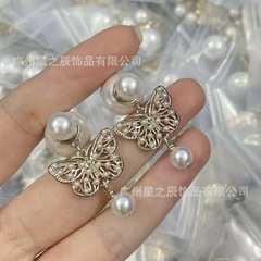 实拍迪家D家新款镂空蝴蝶大小珍珠耳钉复古个性时尚耳环工厂批发